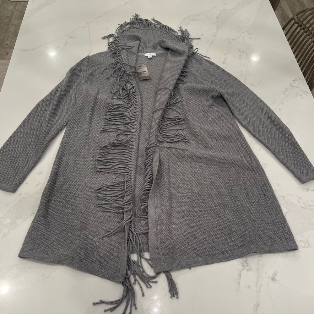 NWT J.Jill dark grey fringe long sleeve hooded duster - Picture 2 of 13